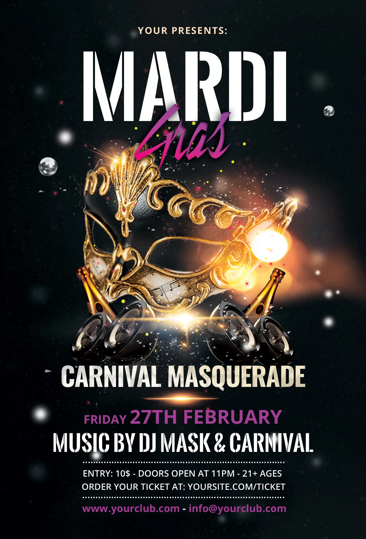 Mardi Gras Free Black & Gold PSD Flyer Template