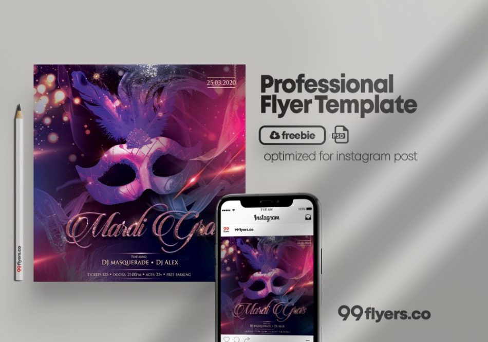 Mardi Gras PSD Free Flyer Template for Instagram