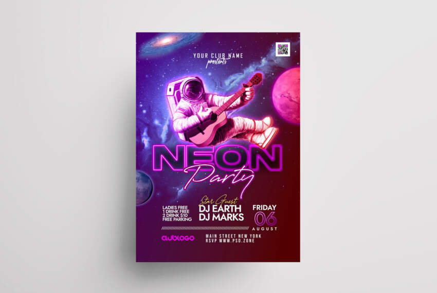 Neon DJ Party Free Flyer Template (PSD)